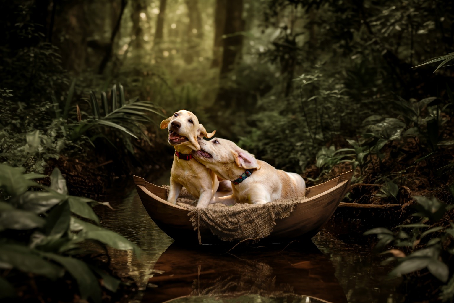 Two yellow puppies together in a wooden boat surrounded by forest