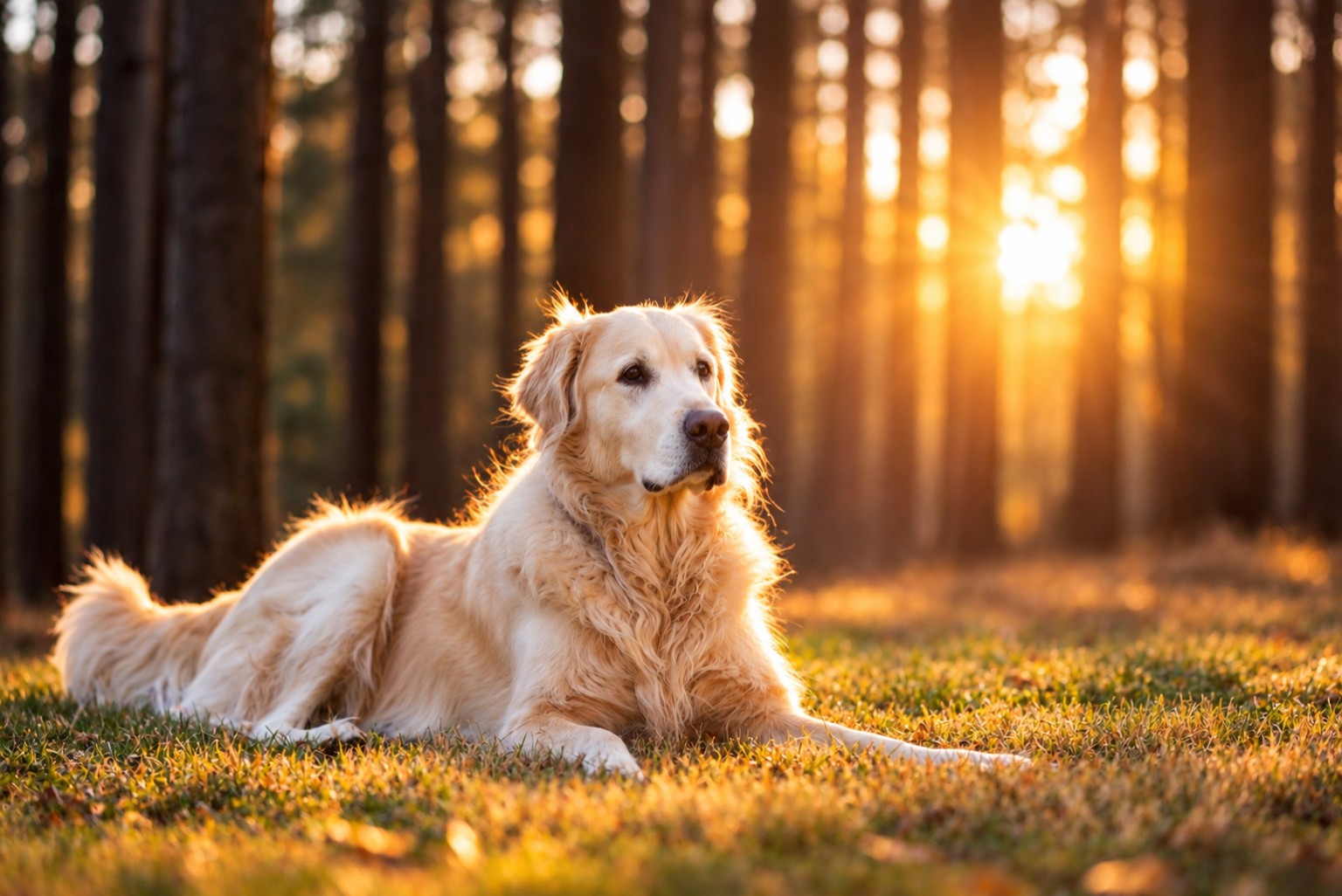 A golden retriever resting in a sunlit woodland