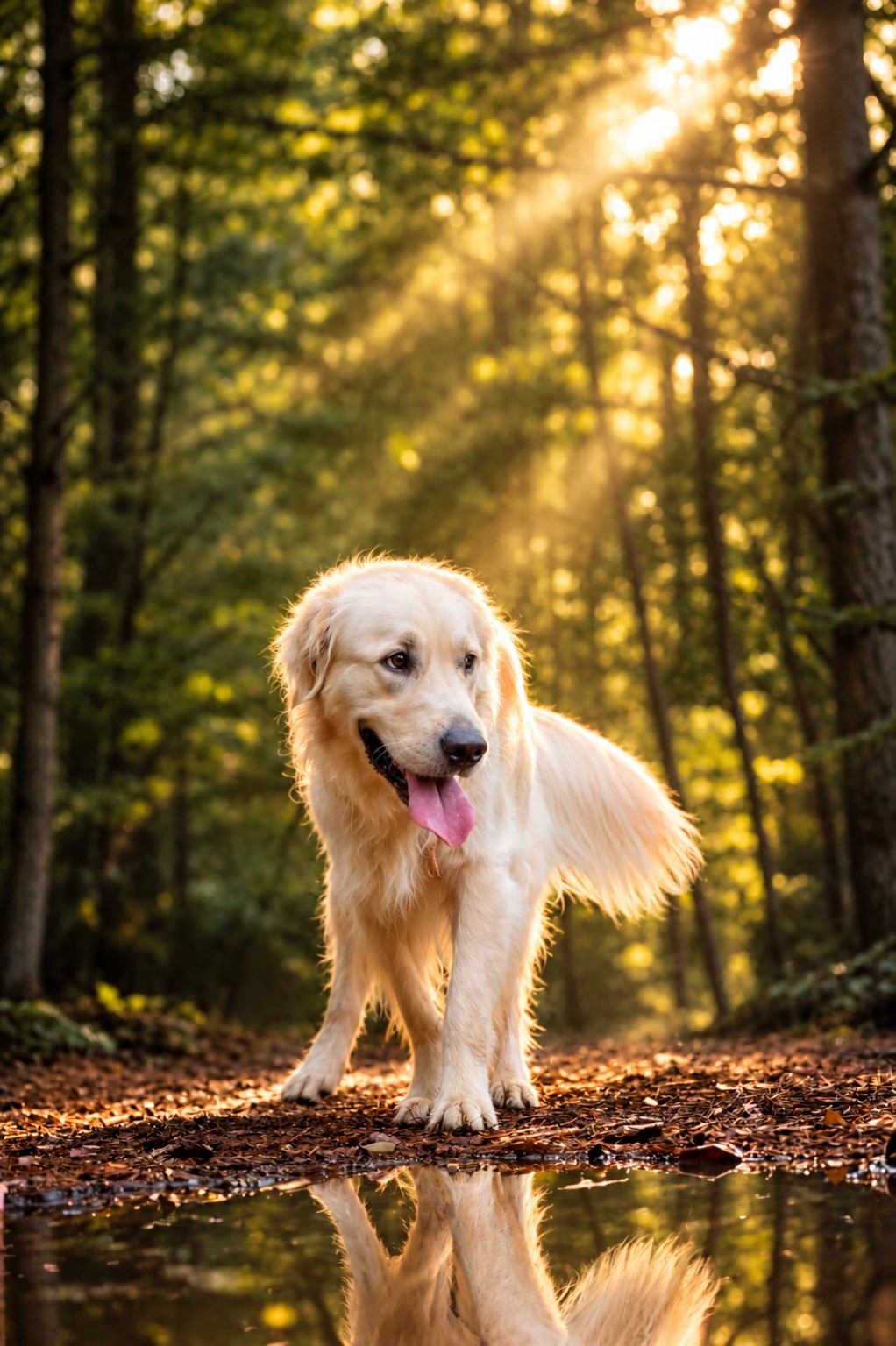 A golden retriever reflected in a woodland puddle