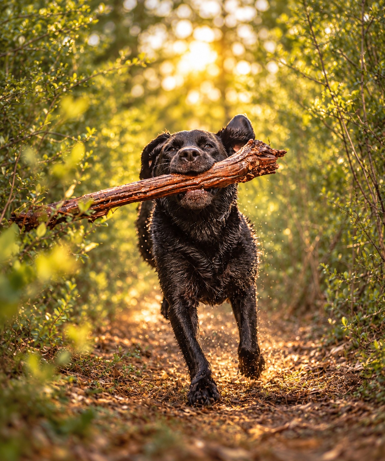 A black Labrador running with a branch through the woods