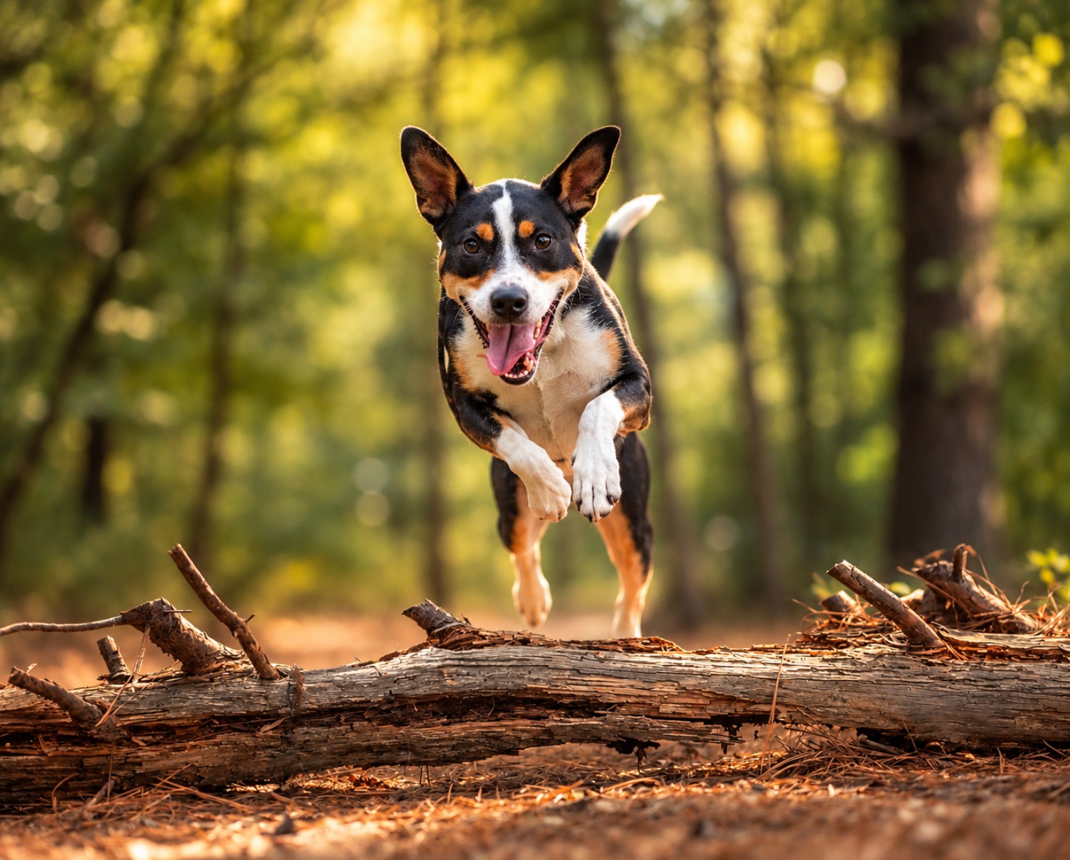 A tricolor dog jumping over a fallen log