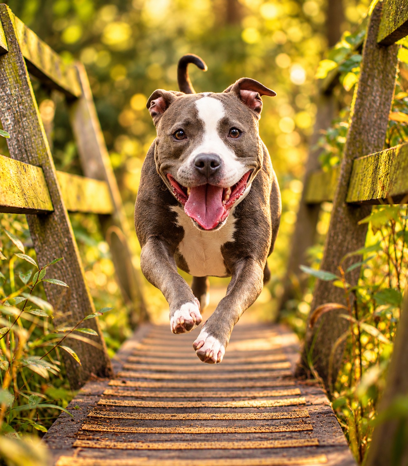 A happy gray-and-white dog running across a sunlit footbridge