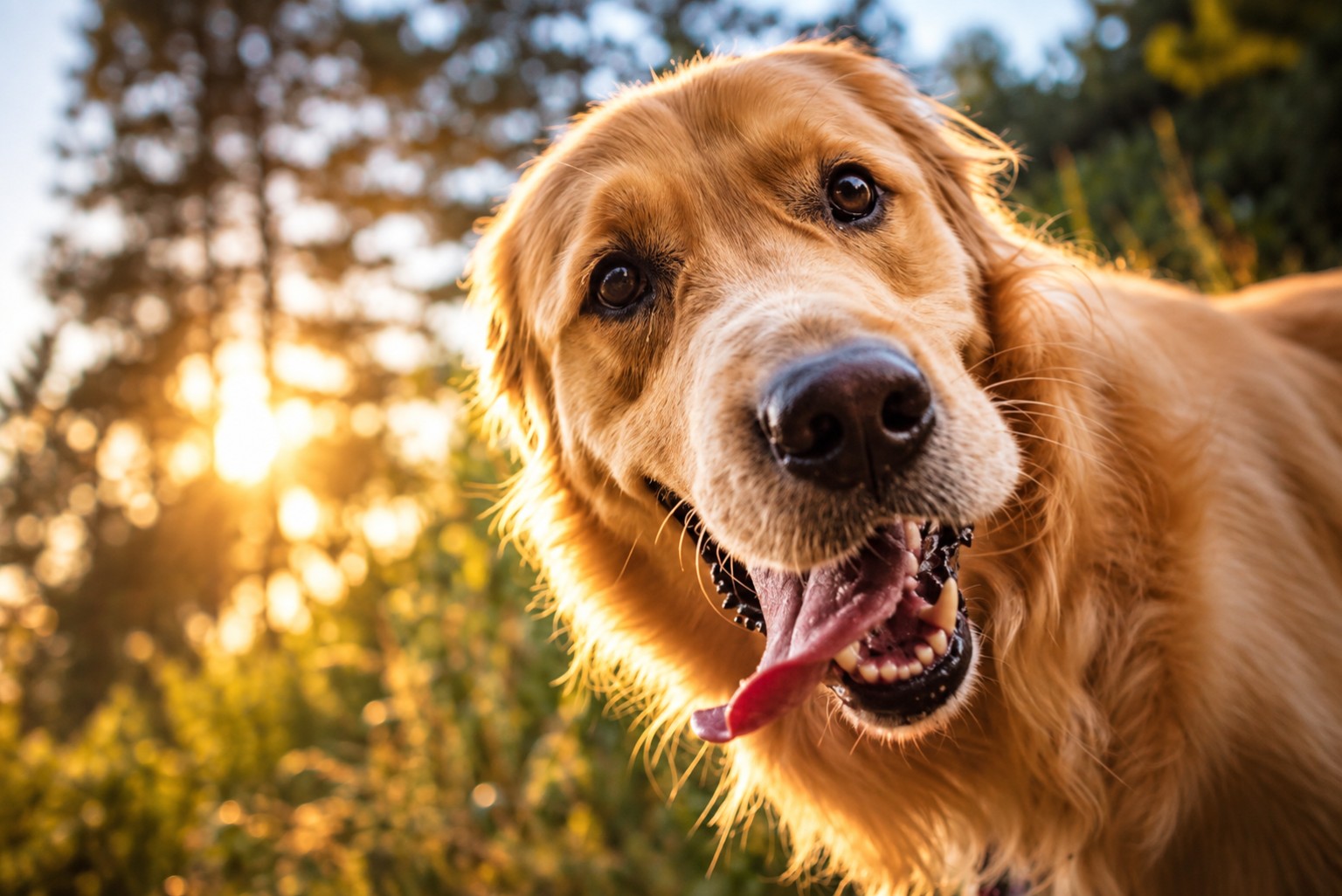 A smiling golden retriever in warm evening sunlight
